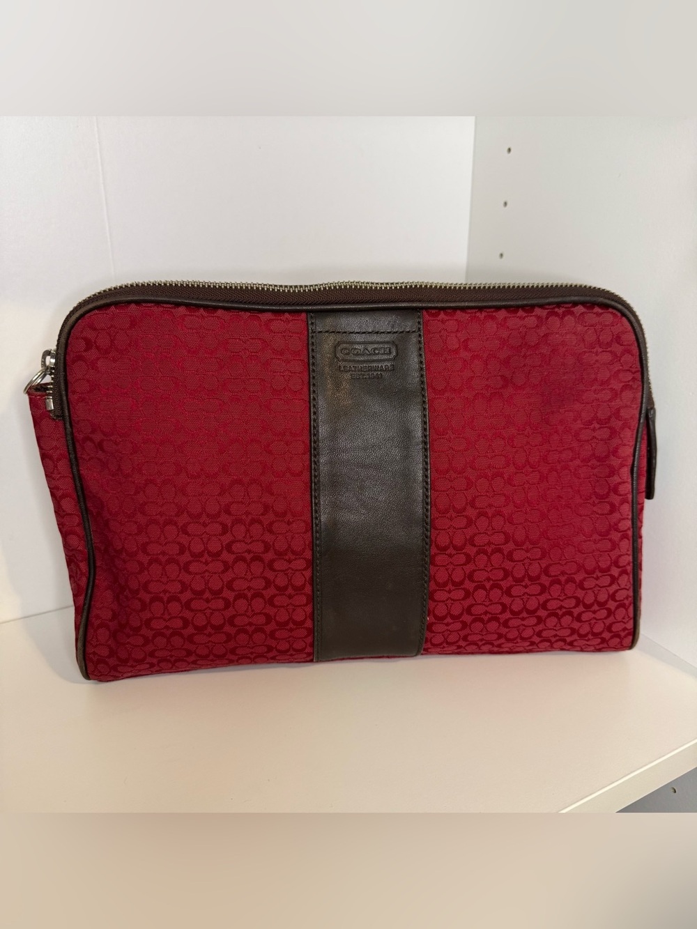 Coach Red Signature Canvas Cosmetic Case with Brown Leather Trim